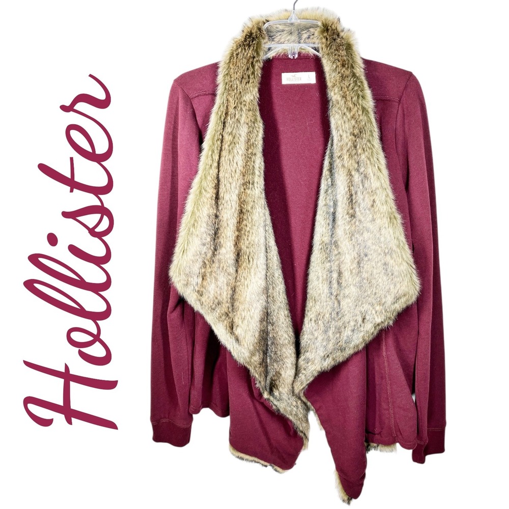 Hollister Burgundy Faux Fur Trim Cardigan Sweater Jacket Cozycore Women's Large